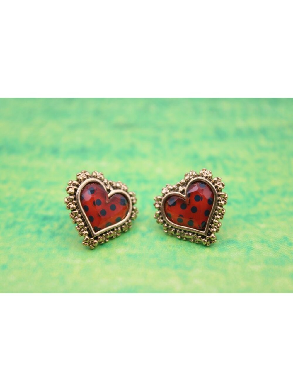 Heart Stud Earrings Red Background Black Polka Dots Ornate Gold Tone Metal Frame